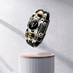 Letter V Браслеты из многорядного шнура с буквами из полиуретана, буквы, со сплавом и стеклом, Буква V, 6-7/8 дюйм (17.5 см)