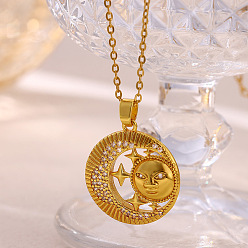Sun Bohemian Brass Pave Clear Cubic Zirconia Pendant 304 Stainless Steel Chain Necklaces, Golden, Sun, 14.96 inch(38cm), pendant: 25x22mm