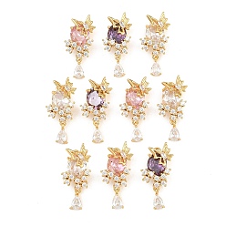 Mixed Color Brass Micro Pave Cubic Zirconia Pendants, Oval with Butterfly & Teardrop Charms, Long-Lasting Plated, Golden, Mixed Color, 28x13x7mm, Hole: 1.6mm