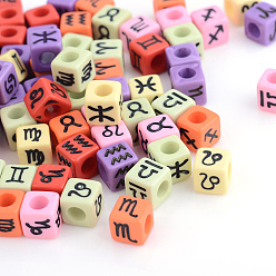 Mixed Color Constellation/Zodiac Sign Opaque Acrylic European Beads, Large Hole Cube Beads, Mixed Color, 7x7x7mm, Hole: 4mm, about 1900pcs/500g