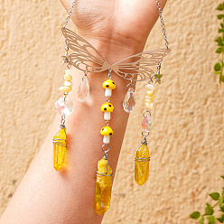 Золотистый Стеклянные подвески в проволочной оплетке, подвесные ловцы солнца, с металлическим звеном крыла и крошкой из натурального топаза и нефрита, для украшения домашнего сада, гриб, золотые, 220 мм