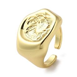 Real 18K Gold Plated Rack Plating Brass Open Cuff Rings, Textured Signet Rings, Cadmium Free & Lead Free, Real 18K Gold Plated, US Size 7 1/4(17.5mm)
