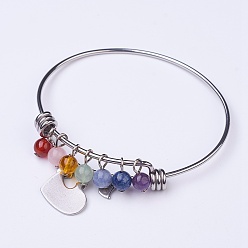 Stainless Steel Color 304 Stainless Steel Heart Charm Bangles, with Natural Gemstone Beads, Stainless Steel Color, 2-1/4 inchx2-3/8 inch(57x62mm)
