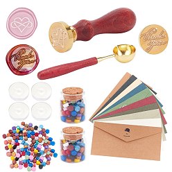 Mixed Color DIY Wax Seal Stamp Kits, Including Sealing Wax Particles, Candle, Beech Wood Handle, Brass Wax Sticks Melting Spoon, Brass Wax Seal Stamp Head, Paper Envelope, Mixed Color, Sealing Wax Particles: 0.9cm, 180pcs