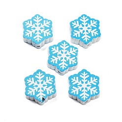 Снежинка Деревянные бусины с рождественским принтом, окрашенные, снежинка, 19.5x17.5x5.5 мм, отверстие : 2 мм