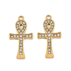 Plaqué 18K Or Véritable Pendentifs en acier inoxydable, avec strass, amulettes en forme de croix ankh égyptienne, placage ionique (ip), réel 304 k plaqué or, 18mm, Trou: 21x11x2mm