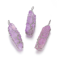 Plum Electroplate Natural Quartz Crystal Big Wire Wrapped Pendants, with Brass Findings, Bullet, Platinum, Plum, 45~77x12~22x10~20mm, Hole: 4~7mm