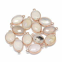 Натуральный Агат Соединители звеньев натурального белого агата, с фурнитурой латунной золотого тона, граненые, овальные, 25x14x6~7 мм, отверстие : 2 мм