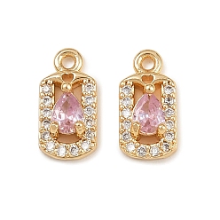 Pink Латунные микро проложить кубического циркония подвески, прямоугольник с подвесками-слезинками, реальный 18 k позолоченный, розовые, 11x5.5x3 мм, отверстие : 1 мм