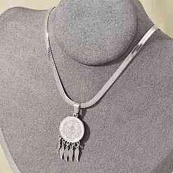 Нержавеющая Сталь Цвет 201 плоская круглая медаль святого Бенедикта из нержавеющей стали с прозрачным кубическим цирконием и подвеской в виде пера, цвет нержавеющей стали, 16.42 дюйм (41.7 см)