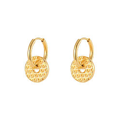 Plano Redondo 304 Pendientes colgantes de aro de acero inoxidable para mujer, real 18 k chapado en oro, plano y redondo, 21x12 mm