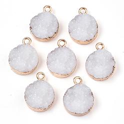 White Electroplate Druzy Resin Pendants, with Iron Findings, Flat Round, Light Gold, White, 17~18x13.5x6mm, Hole: 1mm
