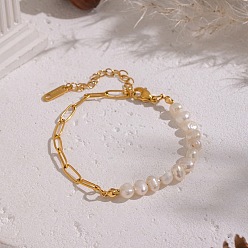 Golden French Vintage Natural Pearl Potato Beaded Bracelets with 304 Stainless Steel Paperclip Chains for Women, White, Golden, 6.69 inch(17cm)