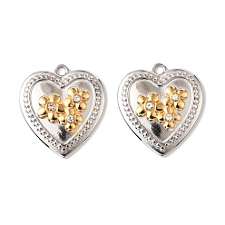 Сердце 304 из нержавеющей стали горный хрусталь подвески, золотые и нержавеющая сталь цвет, Сердце со цветками , 22x20x3 мм, отверстие : 2 мм