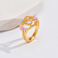 Letter U Регулируемые кольца для пальцев с латунным жемчугом и розовой эмалью в форме сердца и цветка, без кадмия, без никеля и без свинца, золотые, Буква U, 14 мм, внутренний диаметр: 17 мм