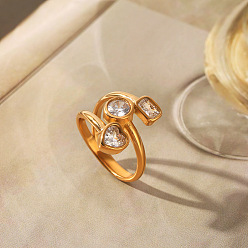 Oro 304 Anillos de acero inoxidable con circonitas cúbicas transparentes, rectángulo y plano redondo y corazón, dorado, tamaño de EE. UU. 8 (18.1 mm)