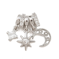Платина Латунные микропаве прозрачные подвески с фианитом, ромб с подвесками в виде солнца и луны, без кадмия и без свинца, стойки покрытие, долговечный, платина, 16 мм, отверстие: 2.5x1.5мм ромб: 7x5x2.5мм, ВС: 10x8x1.5 mm, Луна: 9.5x7.5x1.5 мм