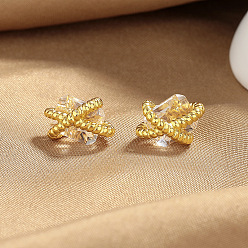 Золотой Латунь кубического циркония серьги стержня, Витая веревка с прямоугольником, золотые, 11x15 мм