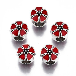 Красный Эмали сплава Европейский бисером, бусины с большим отверстием, без кадмия и без свинца, античное серебро, цветок, красные, 10x10x10 мм, отверстие : 4.5 мм