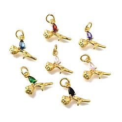 (52) Непрозрачная лаванда Латунные микро проложить кубического циркония подвески, выросли прелести, с прыжковых колец, без кадмия и без свинца, долговечный, стойки покрытие, реальный 18 k позолоченный, разноцветные, 12x15x4.5 мм, отверстие : 3 мм