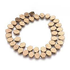 Copper Plated Electroplated Non-magnetic Synthetic Hematite Beads Strands, Polish, Hexagon, Copper Plated, 10x9x3mm, Hole: 1mm, about 45pcs/strand, 15.74 inch(40cm)