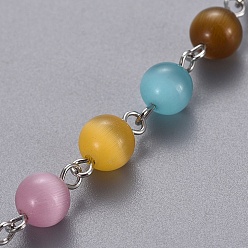 Platinum Handmade Cat Eye Beaded Chains, Unwelded, with Iron Eye Pin, Colorful, 14.5x8~8.5mm, 39.37 inch(1m)/strand