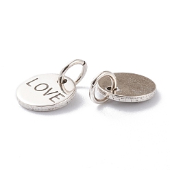 Antique Silver Brass Charms, Long-Lasting Plated, with Jump Rings, Flat Round with Word Love, for Valentine's Day, Antique Silver, 8.5x1mm, Jump Ring: 4x0.5mm, Inner Diameter: 2.5mm 