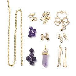 Аметист Изготовление остроконечных маятников своими руками, с натуральными аметистовыми бусинами и подвесками, легкие застежки и подвески, железный шарик крышки, Латунные бусины, железные проушины и кабельные цепи