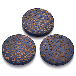 Прусский Синий Расписные бусы из натурального дерева, лазерная гравировка, плоские круглые с леопардовым принтом, берлинская лазурь, 30x5 мм, отверстие : 1.6 мм