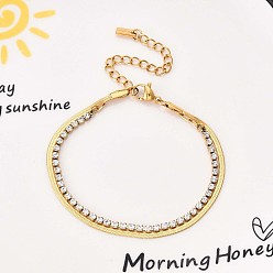 Настоящее золото 14K 304 многослойные браслеты из нержавеющей стали, браслеты из цепочек-змей и страз, ионное покрытие (ip), реальный 14 k позолоченный, 15.8x0.2 см