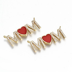 Red Real 16K Gold Plated Brass Micro Pave Clear Cubic Zirconia Pendant Link, with Enamel, Nickel Free, for Mother's Day, Heart with Word Mom, Red, 11.5x32x2.5mm, Hole: 1.2mm