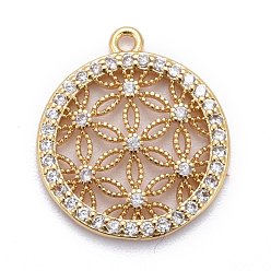 Oro Latón micro pavimenta claro colgantes de circonio cúbico, larga duración plateado, sin plomo y el cadmio, plano y redondo con flor, dorado, 20x18x2 mm, agujero: 1.4 mm