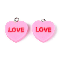 Hot Pink Opaque Resin Pendants, Heart & Word LOVE Charms, with Platinum Iron Loops, Hot Pink, 20.5~22.5x19~19.5x4~4.5mm, Hole: 2mm
