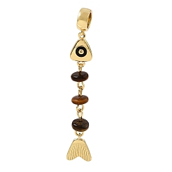 Tiger Eye Brass Pave Cubic Zirconia Clear Cubic Zirconia & Natural Tiger Eye & Enamel European Dangle Charms, Large Hole Charms, Fish, Rack Plating, Long-Lasting Plated, Cadmium Free & Lead Free, Real 18K Gold Plated, 54.5mm, Hole: 5.5mm