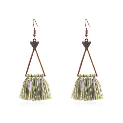 Yellow Green Alloy Dangle Earrings, with Yarn Tassel, Hollow Triangle, Red Copper, Yellow Green, 78x20mm
