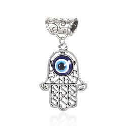 Argent Antique Pendentifs en émail , hamsa main / main de fatima / main de miriam, avec des yeux, argent antique, 48mm, Trou: 6mm
