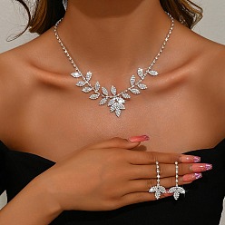 Серебро Комплект из висячих серег-гвоздиков и ожерелий с подвесками в виде листьев из латуни и страз для женщин, серебряные, 379 мм