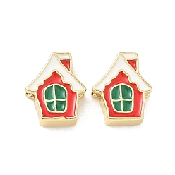 Дом Рождественские латунные эмалевые бусины, без свинца и без кадмия, долговечный, реальный 18 k позолоченный, стойки покрытие, дом, 15x12.5x5 мм, отверстие : 2 мм