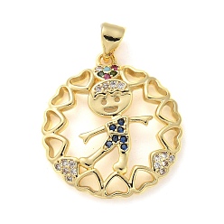 Настоящее золото 18K Латунные микро проложить кубического циркония подвески, плоский круглый с мальчиком, стойки покрытие, долговечный, без свинца и без кадмия, реальный 18 k позолоченный, 24x22x3.5 мм, отверстие : 4.5x3.5 мм