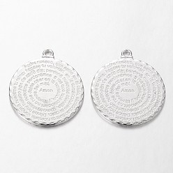 Серебро Подвески в тибетском стиле , без свинца, без кадмии и без никеля, плоские круглые с молитвы Господней для католицизма, серебряный цвет гальваническим, 36x32x2 мм, отверстие : 4 мм