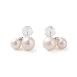 Platinum 925 Sterling Silver Studs Earring, with Cubic Zirconia and Natural Pearl, Platinum, 12.5x6.5mm