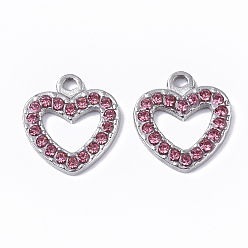 Роза 304 подвески из нержавеющей стали, со стразами, сердце, цвет нержавеющей стали, роза, 15x14x2 мм, отверстие : 1.5 мм