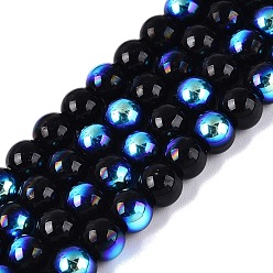 Черный Гальванические непрозрачные стеклянные бусины, круглые, с покрытием цвета радуги, с половиным покрытием, чёрные, 6~6.5 мм, отверстие : 0.8~1 мм, около 67~72 шт / нитка, 14.57~15.35 дюйм (37~39 см)