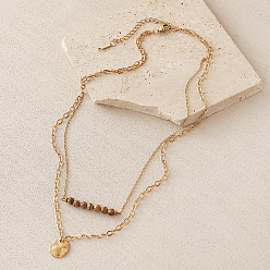 Picture Jasper 304 Stainless Steel Textured Coin Pendant Double Layer Necklaces, Faceted Round Natural Picture Jasper Necklaces for Women, Real 18K Gold Plated, 15.75 inch(40cm)