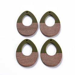 Olive Drab Opaque Resin & Walnut Wood Pendants, Two Tone, Teardrop, Olive Drab, 37x28.5x3mm, Hole: 2mm