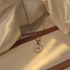 Рыбы 304 Женские кулоны из нержавеющей стали с натуральными ракушками, плоскими и круглыми, с созвездиями, реальный 18 k позолоченный, цвет морской раковины, Рыбы, 15.75 дюйм (40 см)