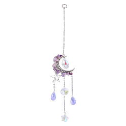 Amethyst Moon & Star Alloy Hanging Ornaments, Natural Amethyst Chips and Glass Tassel Suncatchers, 245~247mm
