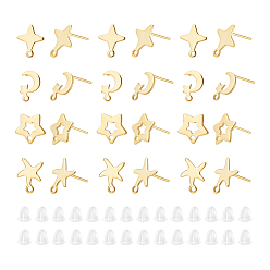Золотой 32 шт. 4 стили луна, звезда и морская звезда 201 фурнитура для сережек-гвоздиков из нержавеющей стали, со 304 штифтами и петлями из нержавеющей стали, 32 шт. Латунные гайки для ушей, золотые, 11~13.5x7~11.5 мм, отверстие : 1.2~1.5 мм, штифты : 0.7 мм, 8 шт / стиль