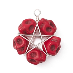 Красный Подвески из бисера в виде черепа из синтетической бирюзы, окрашенные в стиле Хэллоуина, подвески-пентаграммы из медной проволоки, покрытой серебром, красные, 30.5x25x10 мм, отверстие : 3 мм