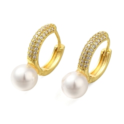 Настоящее золото 18K Серьги-кольца с круглой плакировкой из латуни с микропаве из прозрачного кубического циркония, с абс пластмассовой имитационной жемчужиной, долговечный, без кадмия и без свинца, реальный 18 k позолоченный, 22x8 мм